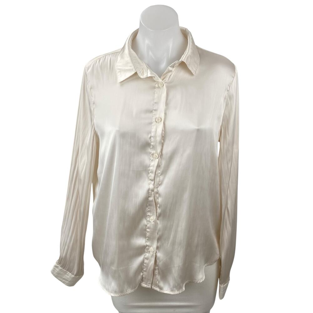 Mi Ami White Silky Satin Collared Long Sleeve Button Down Shirt Blouse Top Sz M